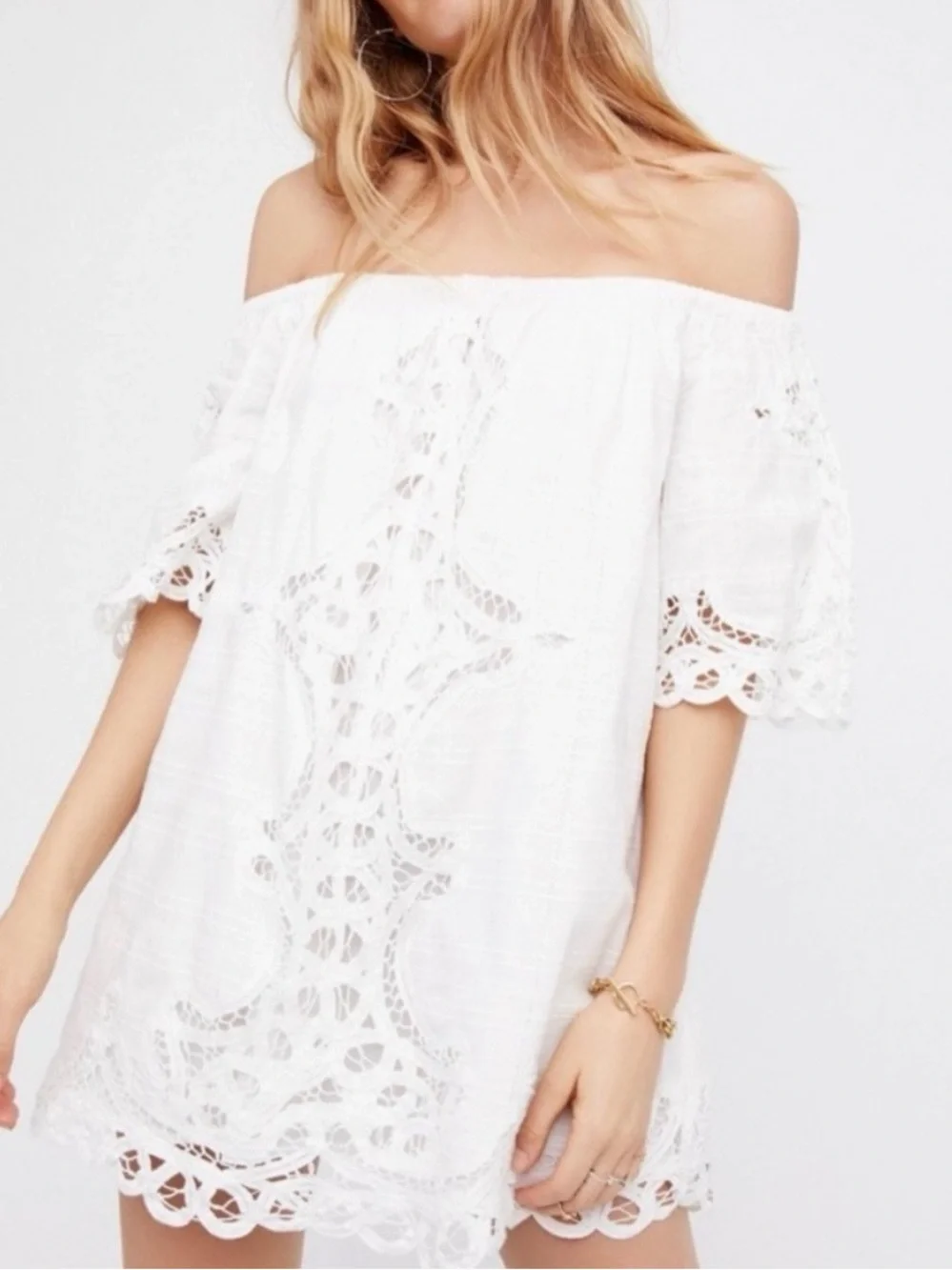 Free People White Off-Shoulder Crochet Lace Dress Size M